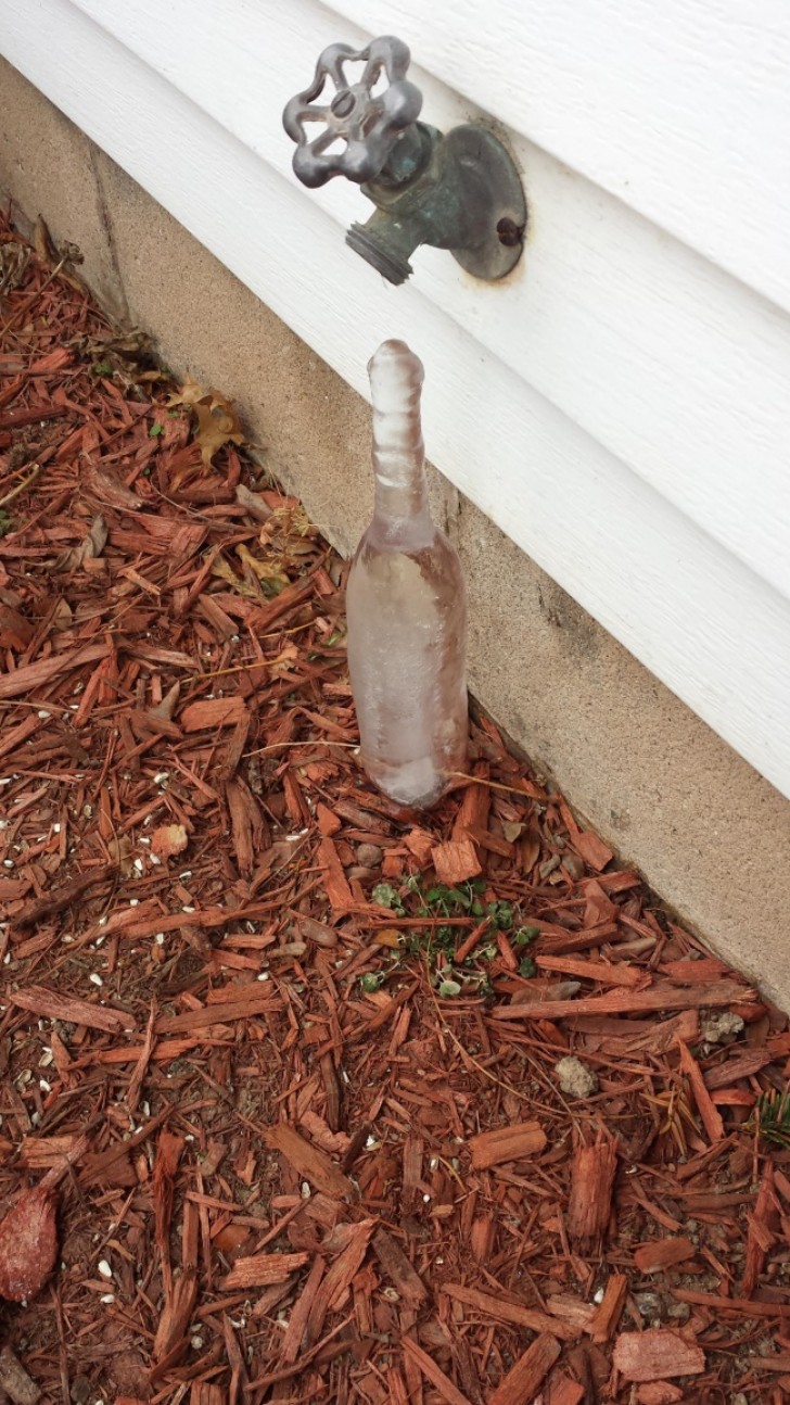 The frozen water has the shape of a bottle.