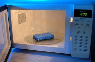 You can sterilize a sponge by putting it in the microwave for a couple of minutes. If soaked in vinegar, it will also help you clean the oven itself!