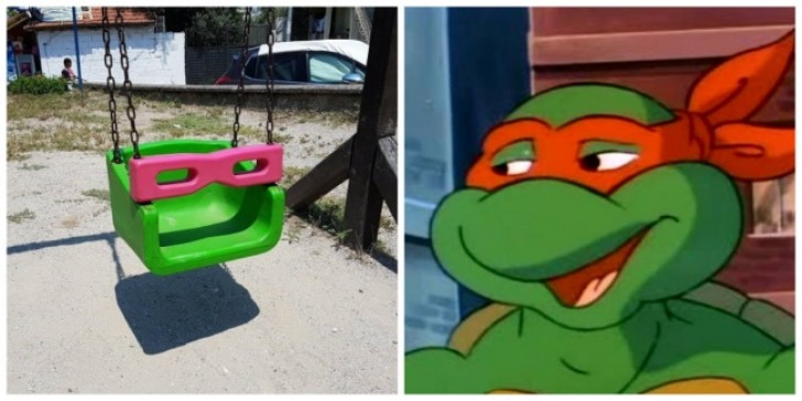 Een schommel die erg veel lijkt op de Ninja Turtle Raphael!