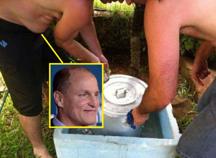 The man's belly is obviously the face of the actor Woody Harrelson.