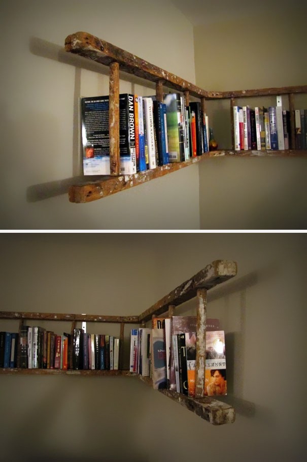 A ladder hanging on a wall can also be a shelf!