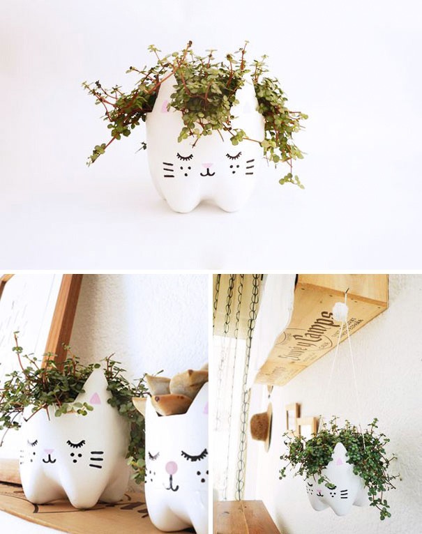 Turn the bottoms of plastic bottles into pretty planters.