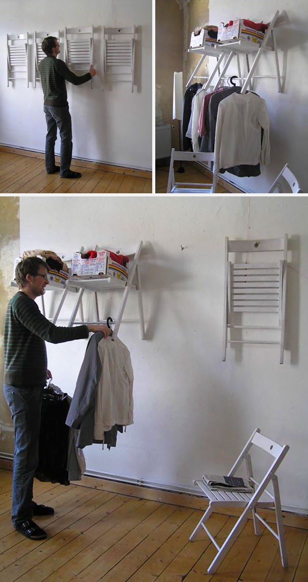 Look how wooden chairs can be used to create an open wardrobe!