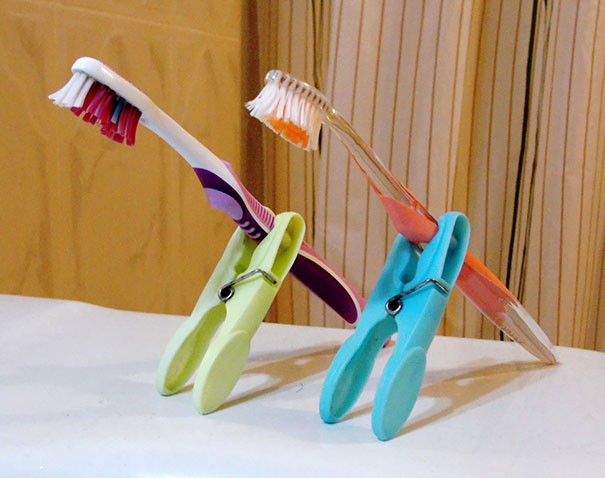 Clothespins are also useful for holding toothbrushes.