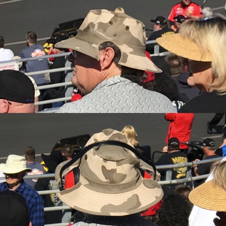 13. Cet homme a coupé son chapeau pour pouvoir porter des écouteurs.