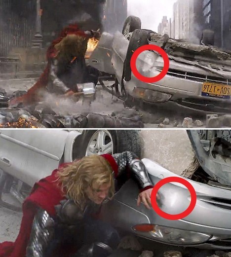 The Avengers. La voiture se répare toute seule après une attaque de Thor.
