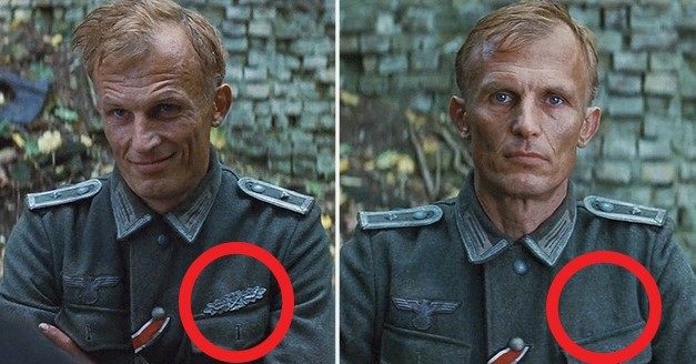 Bastardi senza gloria. Il simbolo dell'ufficiale tedesco scompare dall'uniforme nel giro di pochi secondi: forse non approvava la condotta del generale.