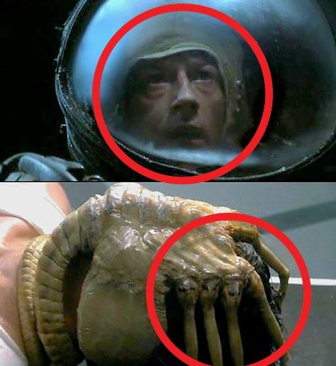 Alien. De astronaut Kane draagt een soort ruimtekap onder zijn helm, maar zodra hij die verwijdert, valt het buitenaards wezen hem aan en verdwijnt de muts op magische wijze.