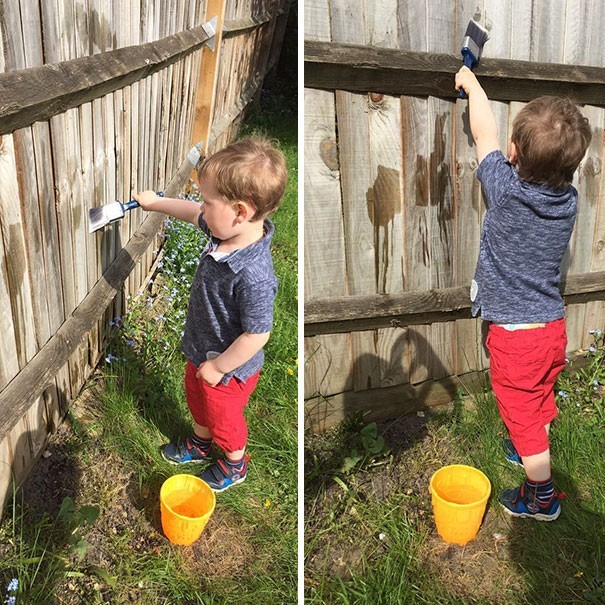 14. L'après-midi dans le jardin? Un pinceau, un seau d'eau et.... il commence à peindre la clôture!