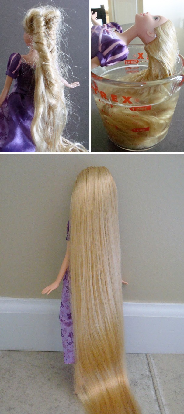 5. Balsam and dishwashing soap can give new life to Barbie's tangled hair.