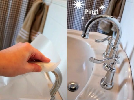 9. Clean the faucet with a piece of waxed paper. This is the most effective way to remove streaks and water stains from shiny surfaces!