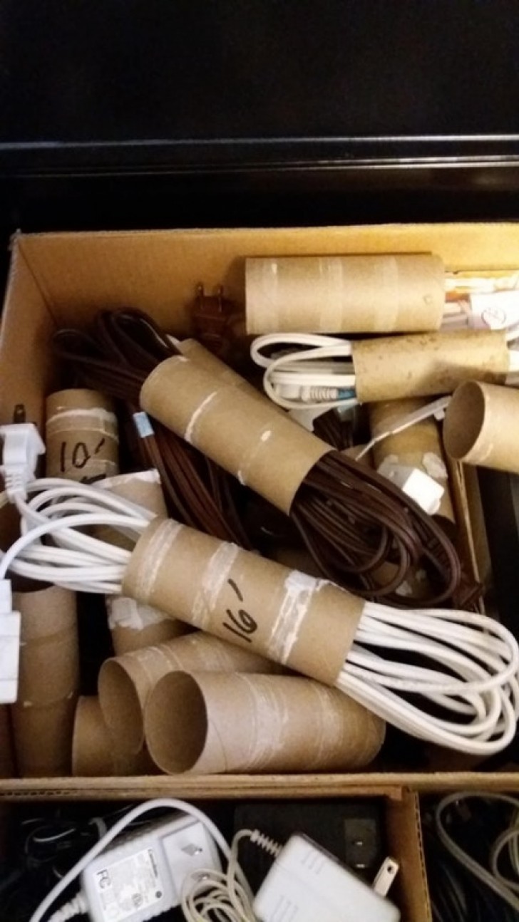 1. Empty rolls of toilet paper used to keep cables in order.