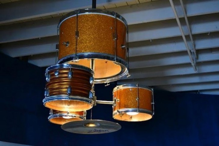 3. A chandelier made from an old set of drums.