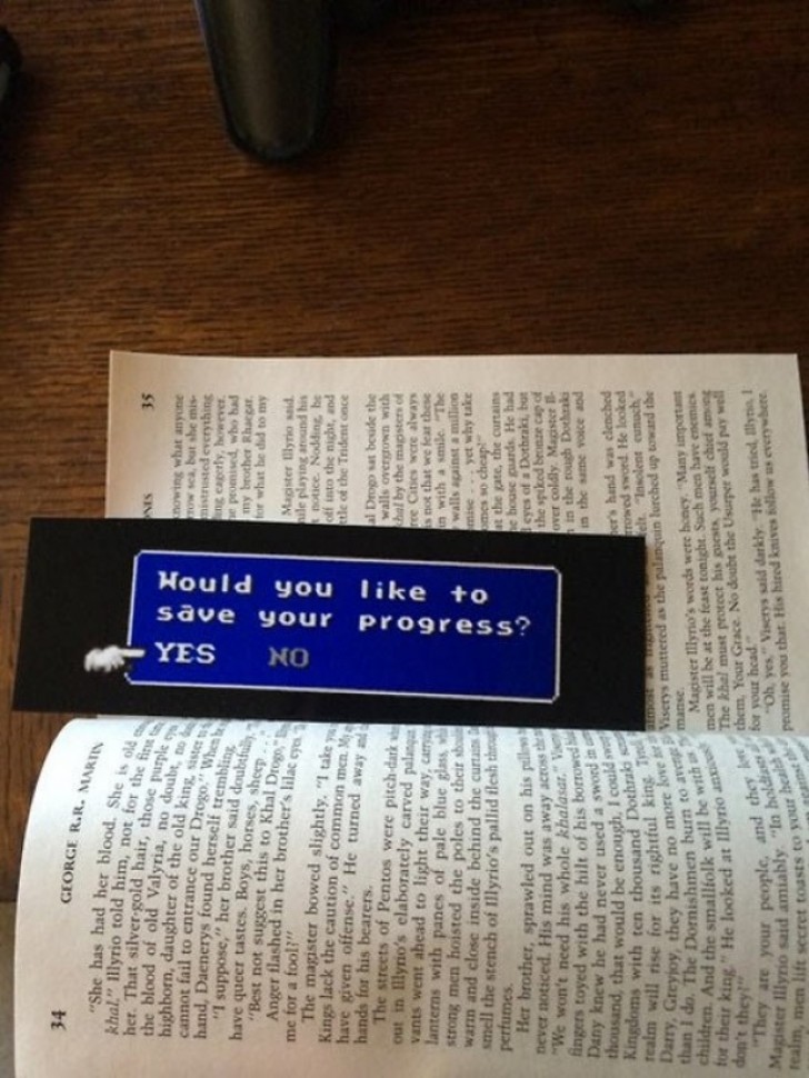 A bookmark that recalls a message that appeared on the old Windows systems: "Would you like to save your progress?"'Do you want to save changes?".