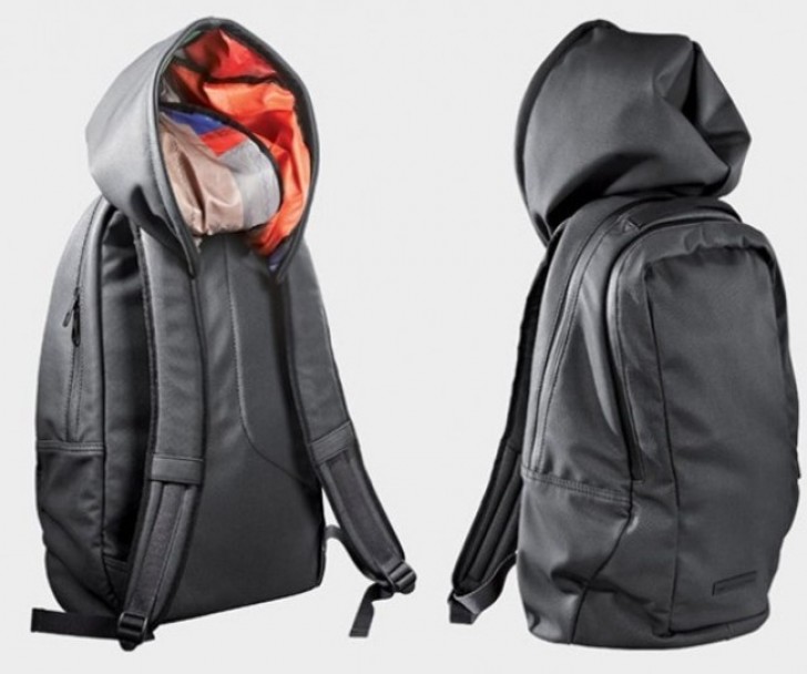 1. A backpack with a hood.