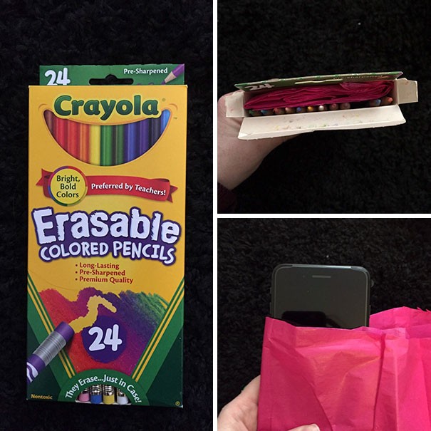 Quand tu penses que ton cadeau est une boîte de crayons de couleur (!) mais que tu trouves la vraie surprise à l'intérieur.