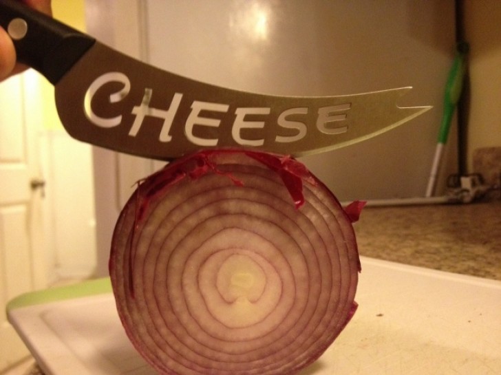A knife clearly designated for cheeses ... being used to slice onions!
