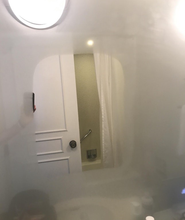 In this hotel, part of the mirror is heated so that it does not fog up when the customer takes a shower.