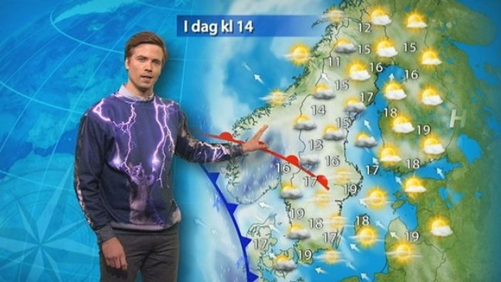 11. Here is some subtle Swedish humor --- look at the weather forecaster's sweater!