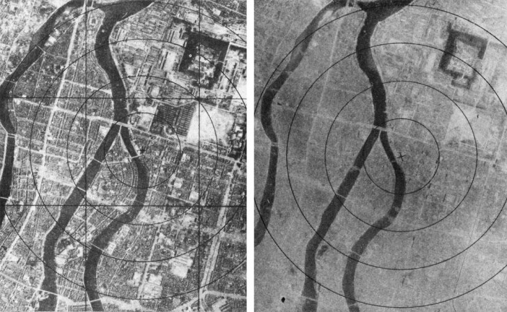 Hiroshima prima e dopo l'esplosione della bomba atomica, 6 agosto 1945.