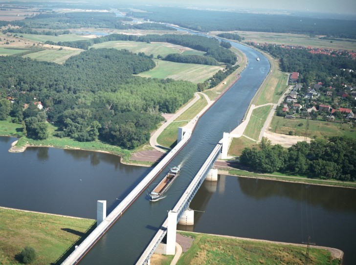 The Magdeburg Water Bridge --- a large navigable aqueduct (canal) in central Germany.