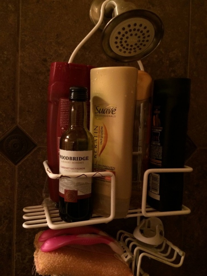 1. A bottle of red wine in the shower ... Why not?