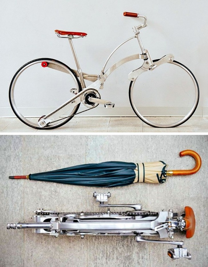1. Une bicyclette reconstruite aux dimensions d'un parapluie, pour être portable et prendre très peu de place.