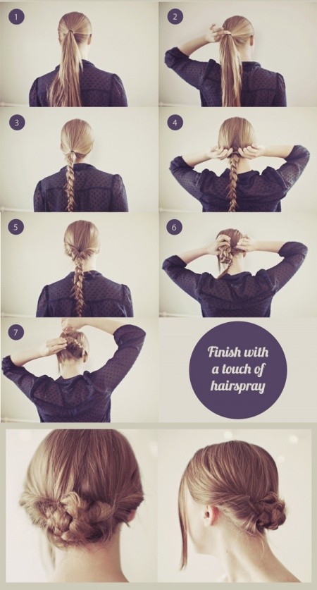 Fate una treccia bassa, fatela passare più volte verso l'interno, fermate i capelli con delle forcine e terminate con un tocco di lacca.