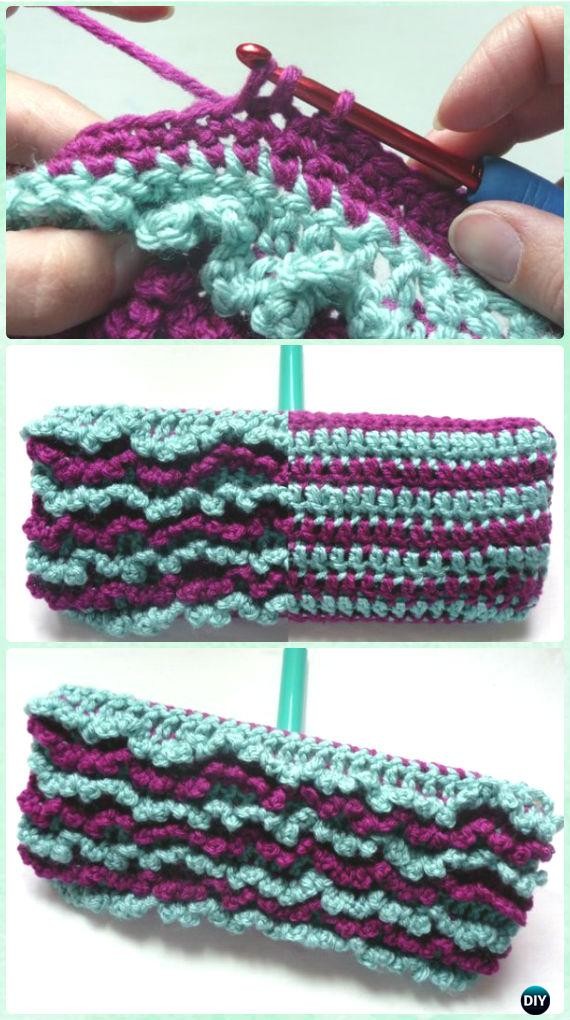 In this case, a reversible dusting cloth has been created and each side has a different crochet stitch.