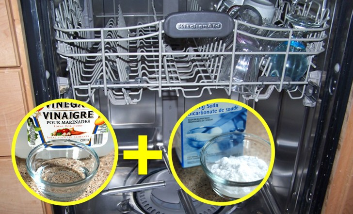 1. To clean the dishwasher, pour in a cup of vinegar and start a wash cycle, then do another wash cycle with a tablespoon of baking soda.