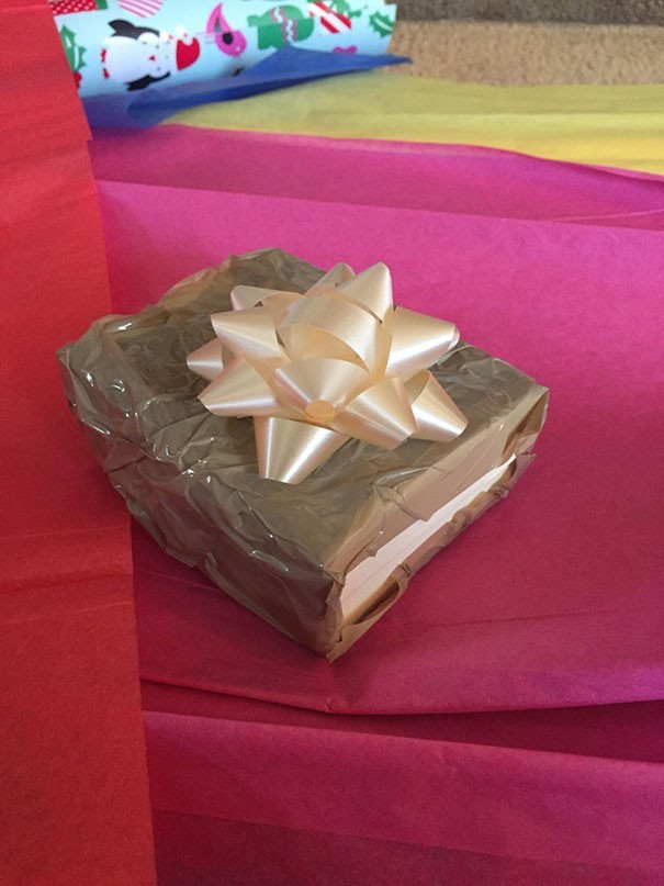 18. Who knows what the gift it is, and if it will remain intact after taking off all the duck tape!