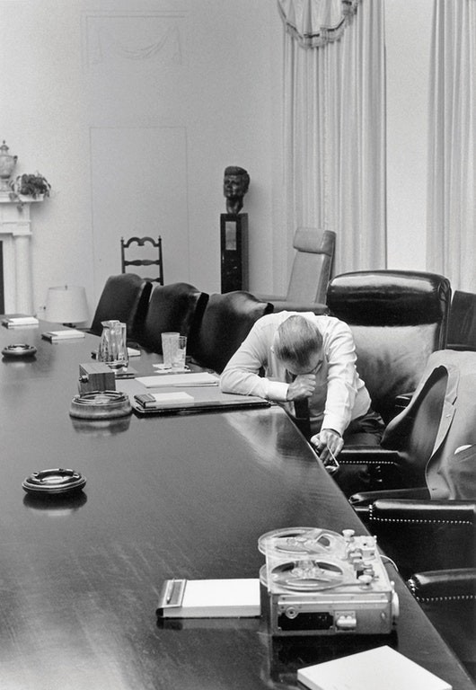 8. US President Lyndon B. Johnson listens to the famous "anguish tape" dated July 31, 1968.
