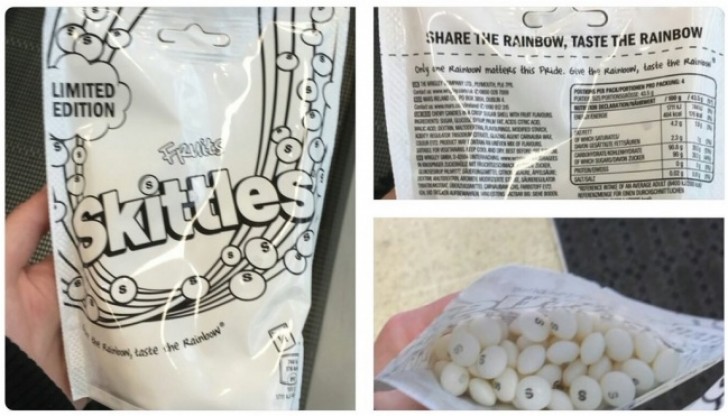 Waarom zou je een verpakking snoepjes maken, die bekend staat om zijn felle kleuren, in zwart-wit?