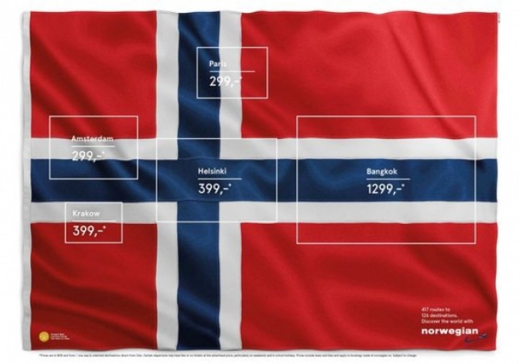 2. Norwegian Airlines --- in a clever print ad we can see displayed in the flag of Norway, the flags of their destination countries.