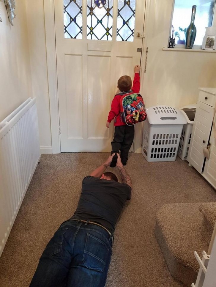 1. The first day of school for his little son --- dad took it well.