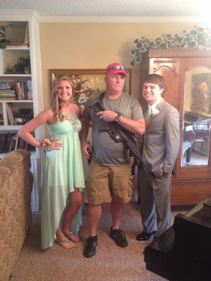 5. A girl, her boyfriend, and her father, on the night of the school prom!