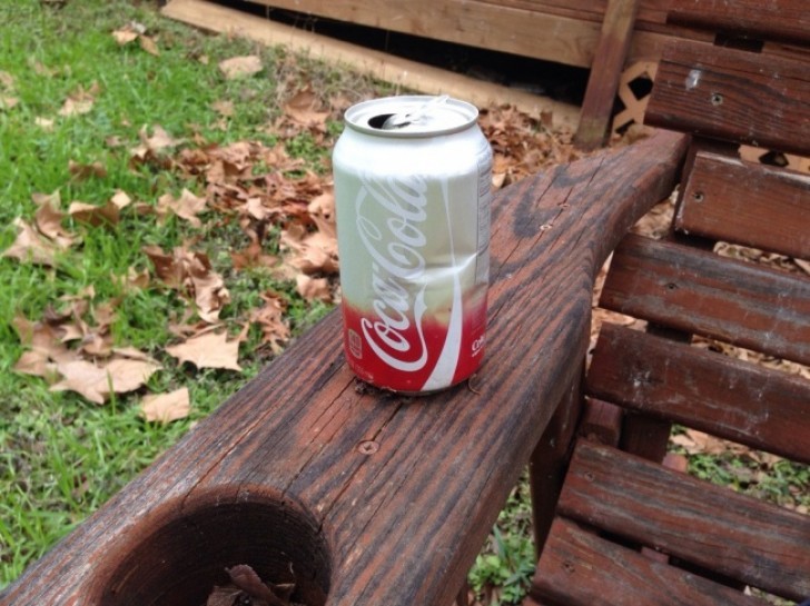 14. An aluminum can forgotten in a wooden park bench armhole for 10 years, exposed to the weather in Texas!
