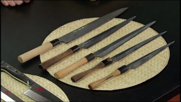 16. These are the famous Iron Chef Morimoto's knives --- the first knife on the left is new and the last knife on the right has been sharpened, used, and washed for 3 years!