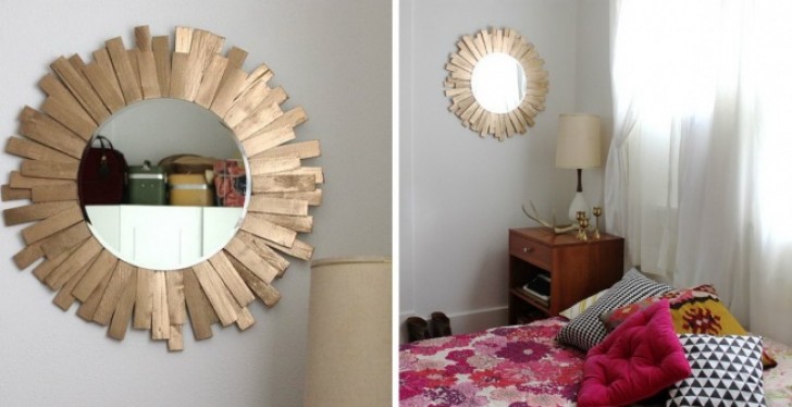 16. A beautiful "solar" mirror made from pieces of wood.