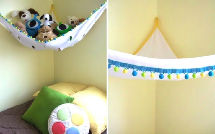2. Use a hammock to store stuffed animals! This is a very simple and fun idea to free an area of toy clutter!