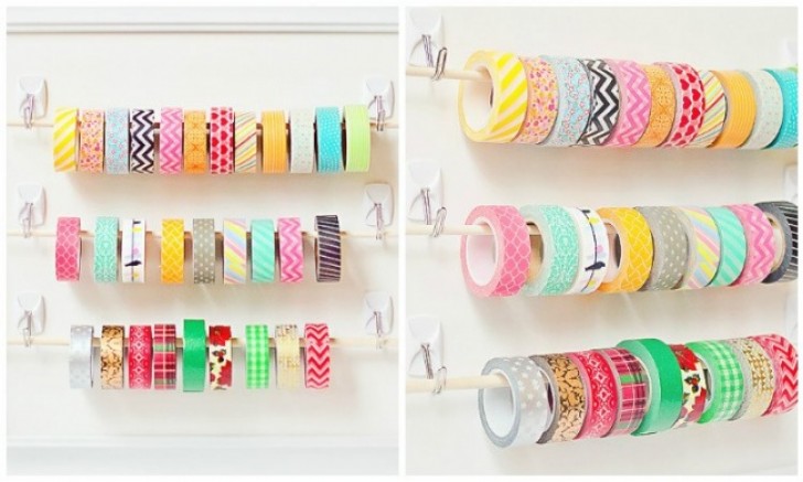 12. If you often dedicate yourself to creative projects, organize tapes and ribbons using adhesive hooks and rods.