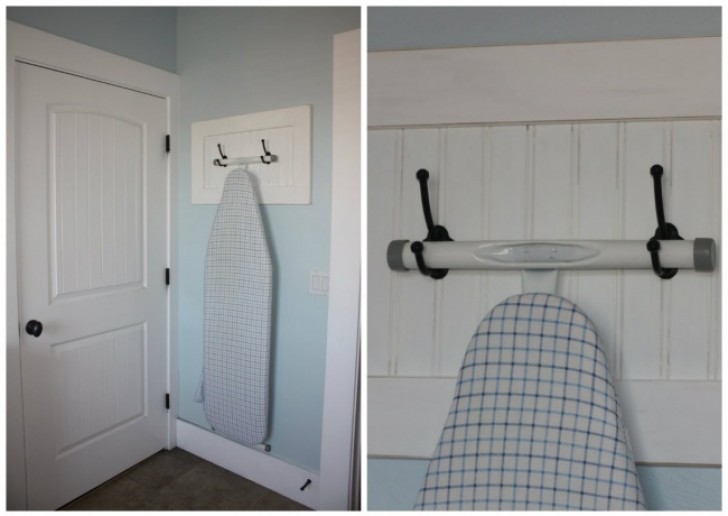 4. Here's a way to store an ironing board using adhesive hooks. It's very easy thanks to this idea!