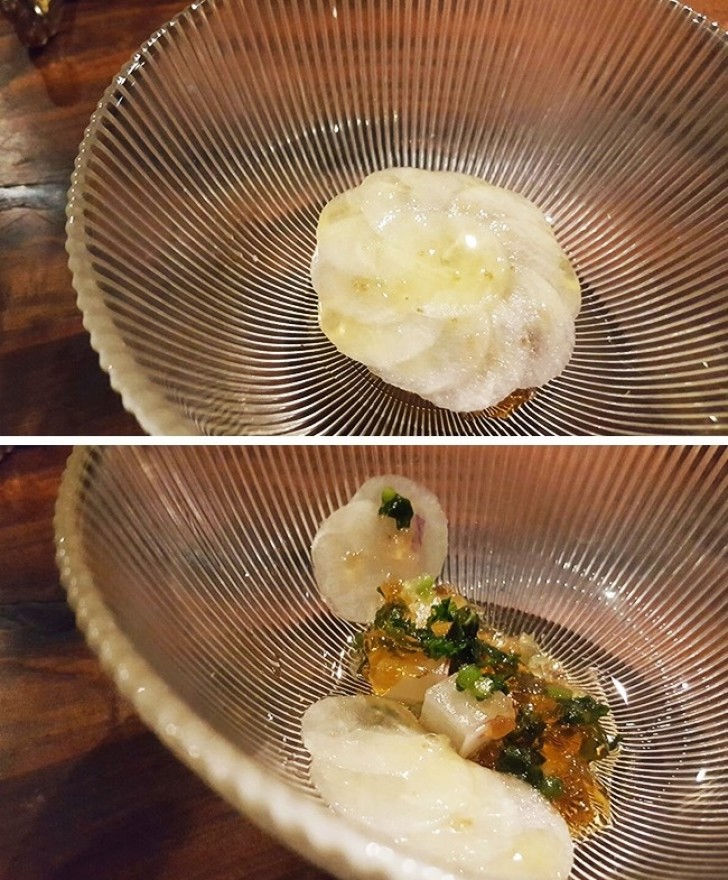 Un plat entièrement à base de chicorée: tranchée sur le dessus, sous forme de gélatine à base de vinaigre en dessous et des cubes de chicorée marinés pour accompagner.