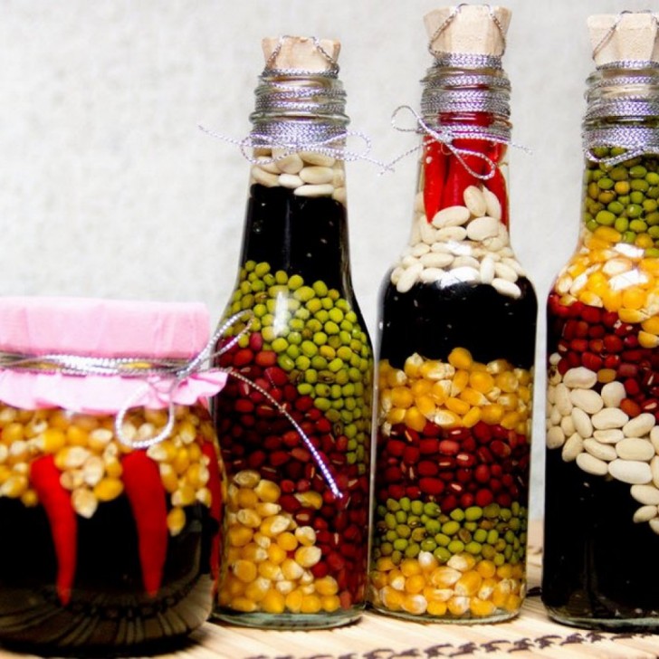 13. Decorative kitchen bottles filled with dried ingredients