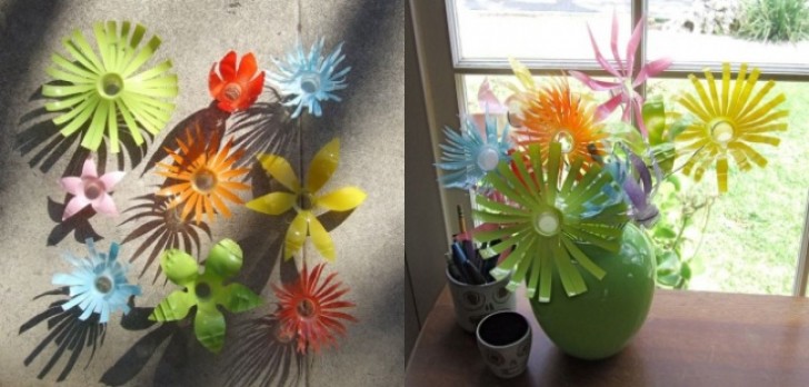 20. A multicolored bouquet of plastic flowers created by a true upcycling artist!