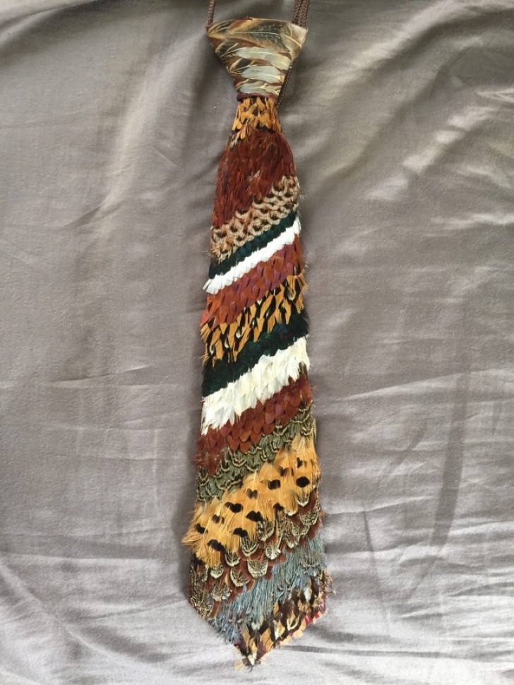 4. "Vergeet alles wat je weet over stropdassen. Op de rommelmarkt vond ik deze stropdas van veren".