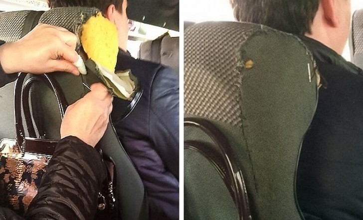 1. Wir sind in einem öffentlichen Bus in Russland: Eine Frau bemerkt dass der Sitz gebrochen ist und zögert nicht, ihn mit ihrem Nähset zu reparieren