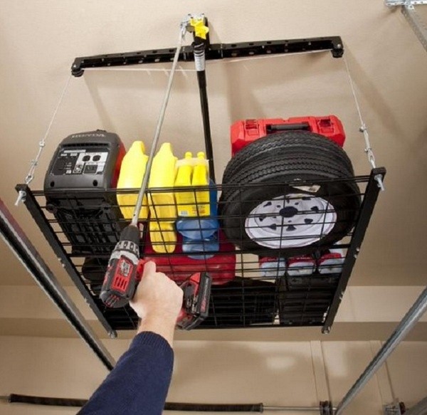 1. A suspended rack or container with pulleys can create a lot of extra space.