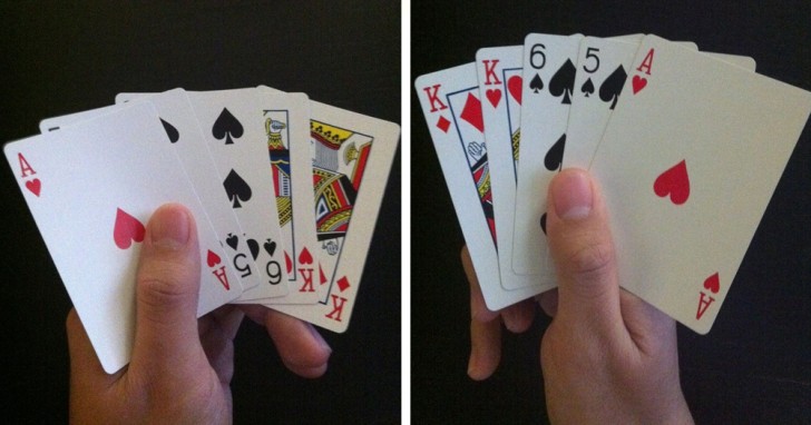 Ooit opgevallen? Voor een linkshandige is de prettigste manier van vasthouden ook de manier waarop je niet kan zien welke kaarten je hebt!