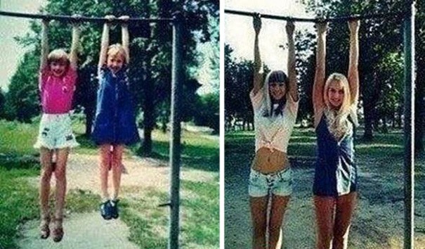 Das Foto von zwei Schwestern die aus Versehen mit den Händen an einer Stange hängen blieben. 23 Jahre lang. Unglaublich!